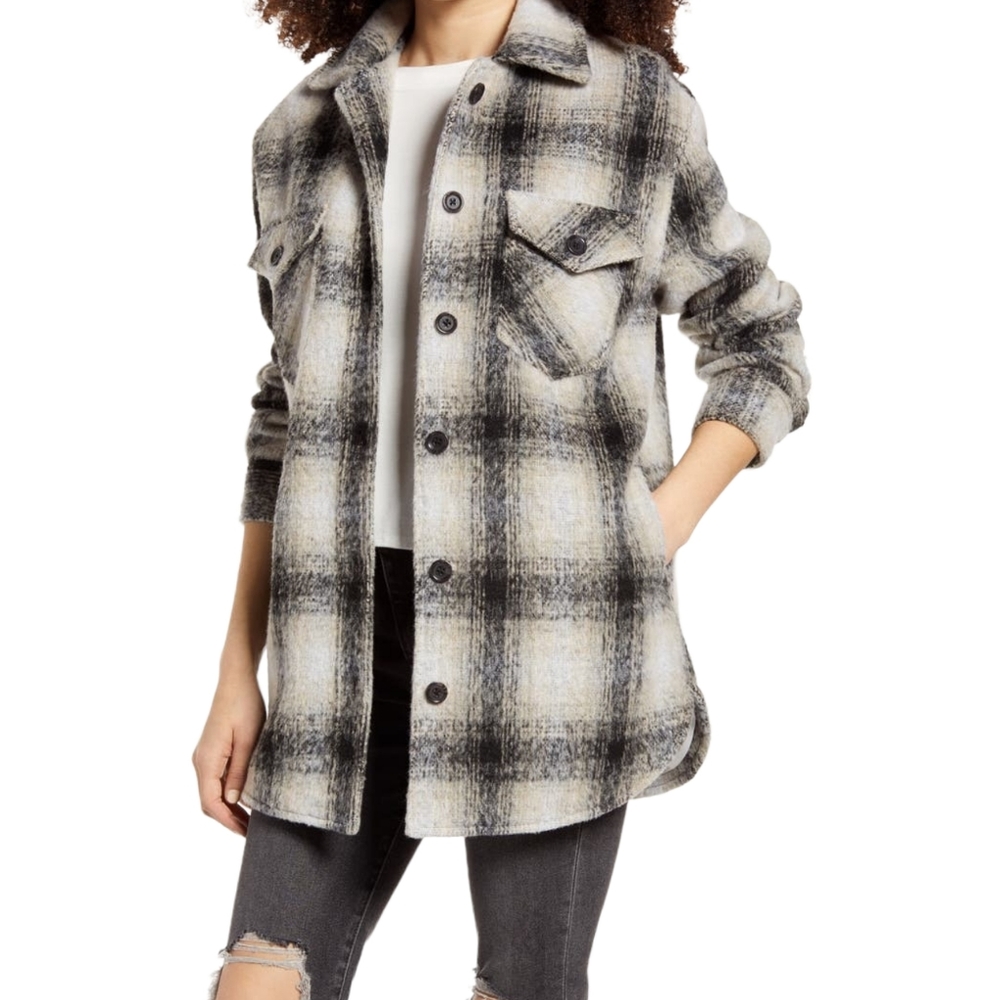 NEW Thread & Supply Chandler Plaid Black Grey Plaid Shacket Women's Size Large